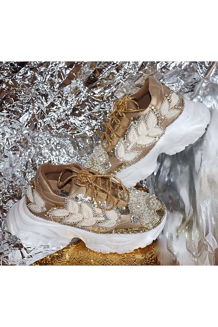 Gold Leather & Vegan Leather Sneakers by Chal Jooti at Pernia's Pop Up Shop