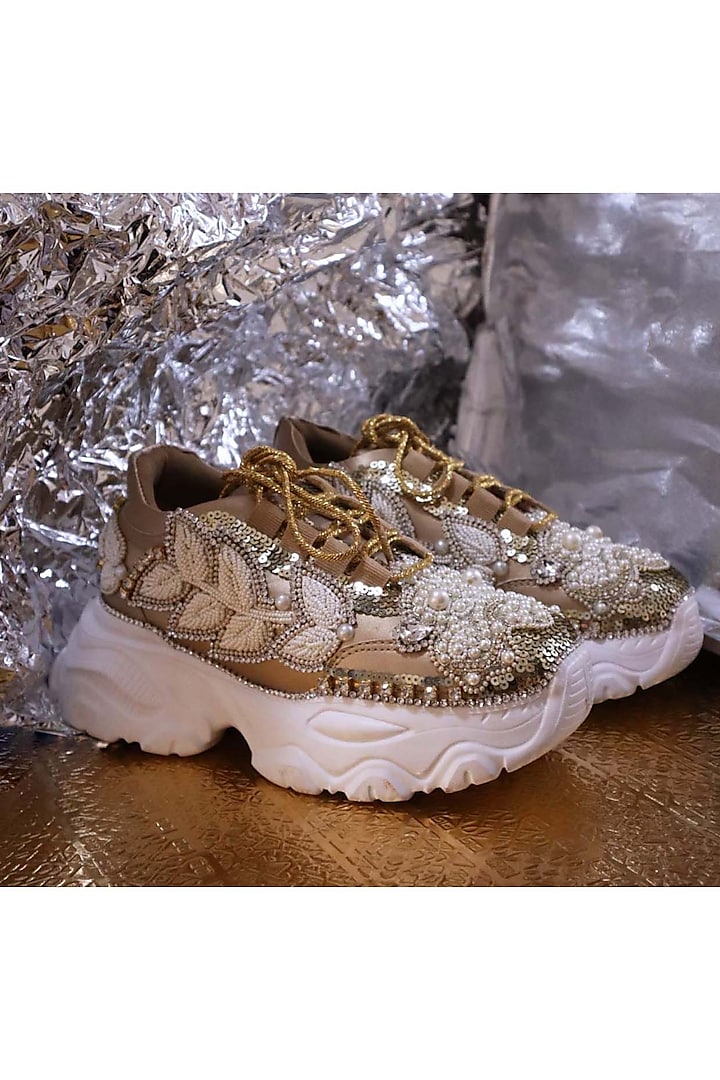 Gold Leather & Vegan Leather Sneakers by Chal Jooti at Pernia's Pop Up Shop