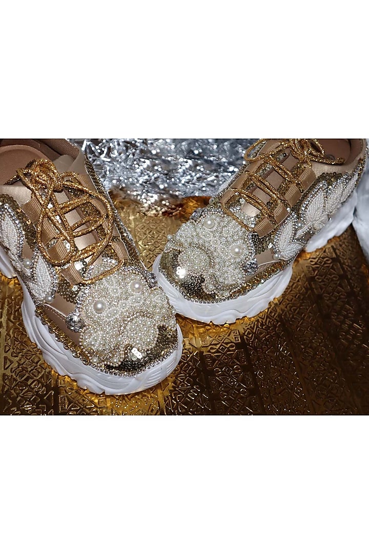 Gold Leather & Vegan Leather Sneakers by Chal Jooti at Pernia's Pop Up Shop