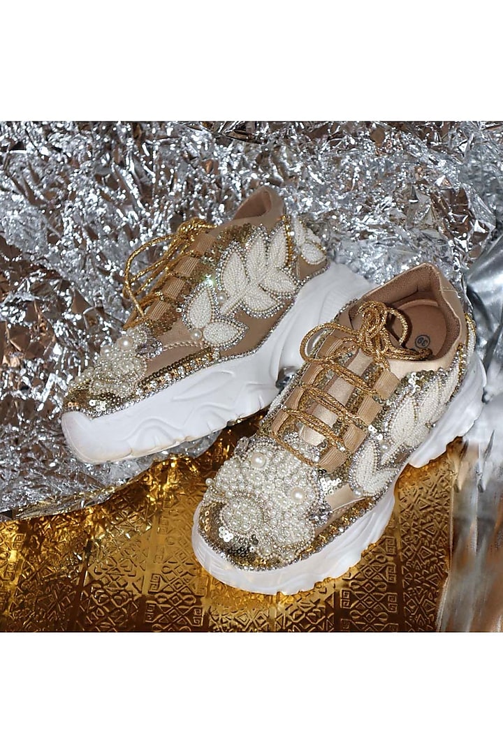 Gold Leather & Vegan Leather Sneakers by Chal Jooti at Pernia's Pop Up Shop