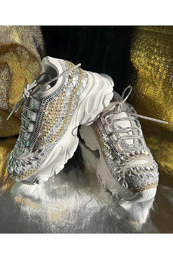 Silver Leather Sneakers by Chal Jooti at Pernia's Pop Up Shop