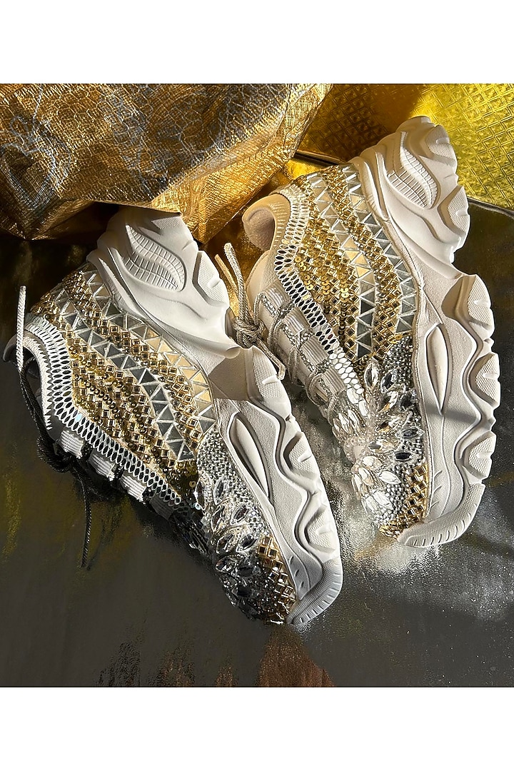 Silver Leather Sneakers by Chal Jooti at Pernia's Pop Up Shop