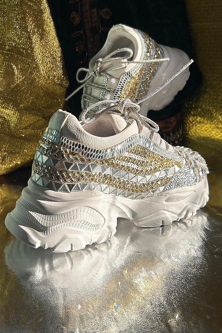 Silver Leather Sneakers by Chal Jooti at Pernia's Pop Up Shop
