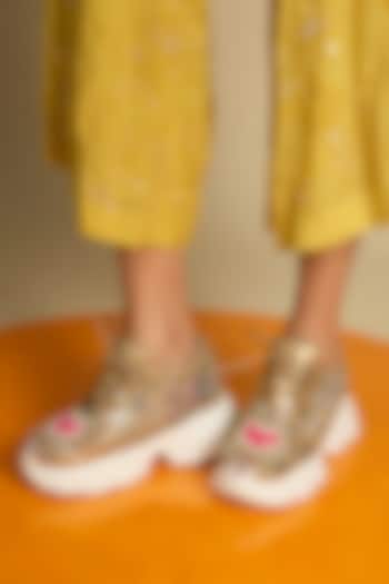 Gold Vegan Leather Embroidered Sneakers by Chal Jooti at Pernia's Pop Up Shop