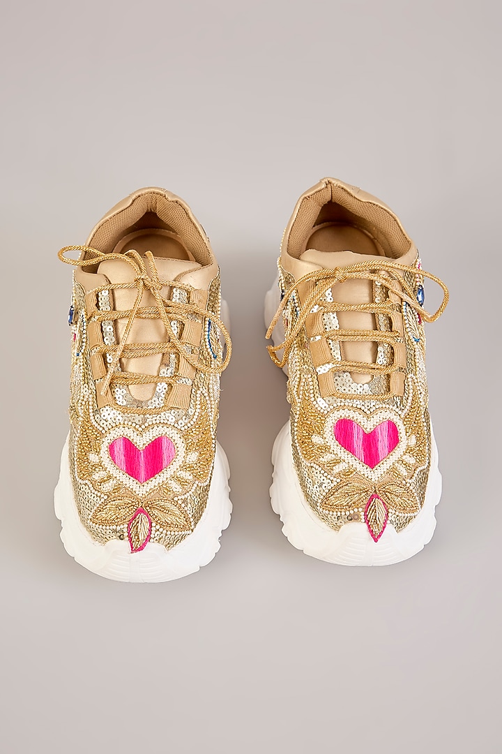 Gold Vegan Leather Embroidered Sneakers by Chal Jooti at Pernia's Pop Up Shop