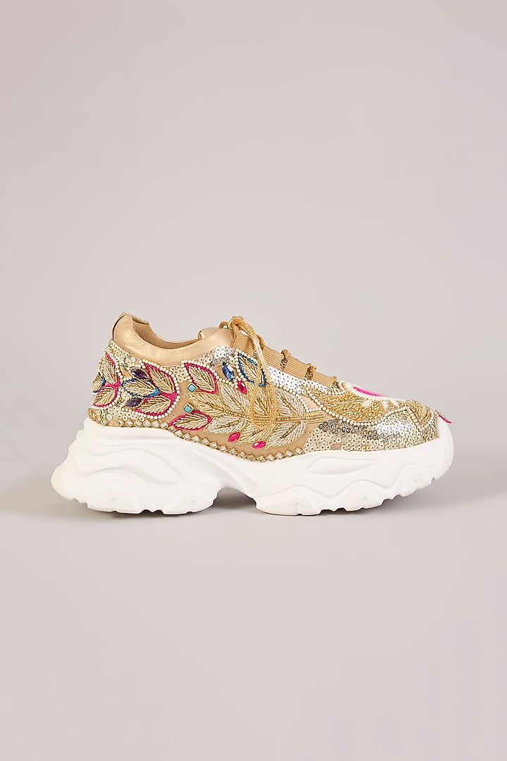 Gold Vegan Leather Embroidered Sneakers by Chal Jooti at Pernia's Pop Up Shop
