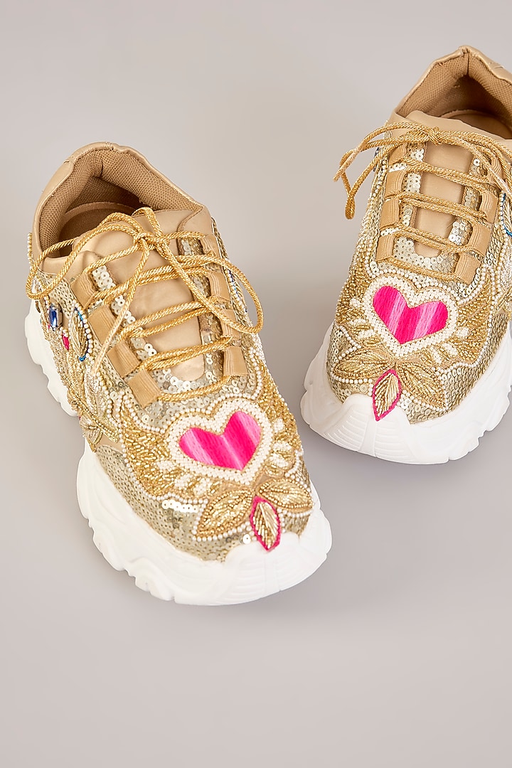 Gold Vegan Leather Embroidered Sneakers by Chal Jooti at Pernia's Pop Up Shop