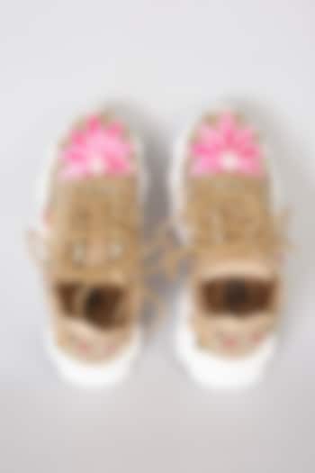 Gold Vegan Leather Sequins & Floral Embellished Sneakers by Chal Jooti at Pernia's Pop Up Shop