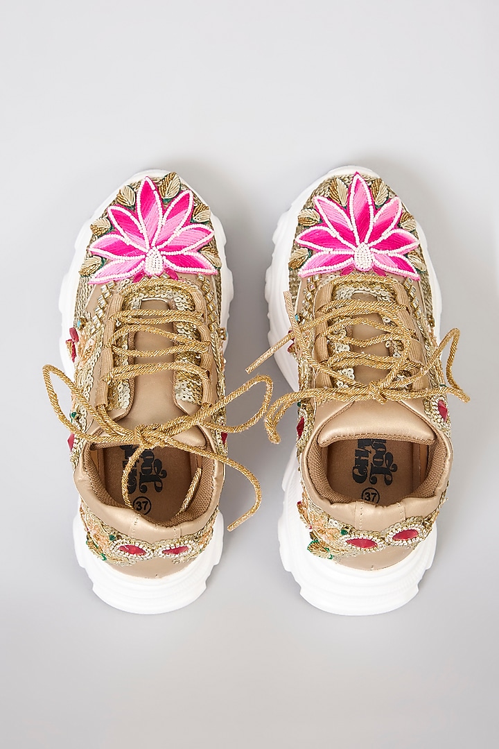 Gold Vegan Leather Sequins & Floral Embellished Sneakers by Chal Jooti at Pernia's Pop Up Shop