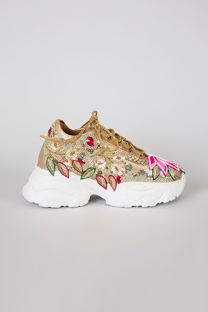 Gold Vegan Leather Sequins & Floral Embellished Sneakers by Chal Jooti at Pernia's Pop Up Shop