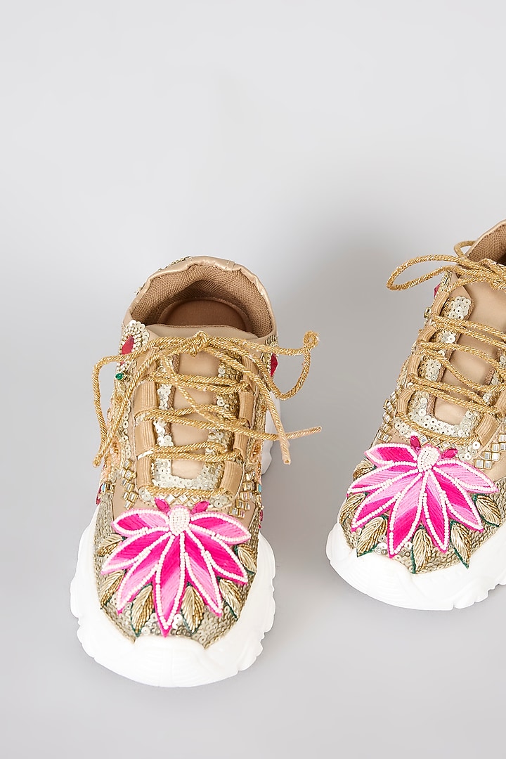 Gold Vegan Leather Sequins & Floral Embellished Sneakers by Chal Jooti at Pernia's Pop Up Shop