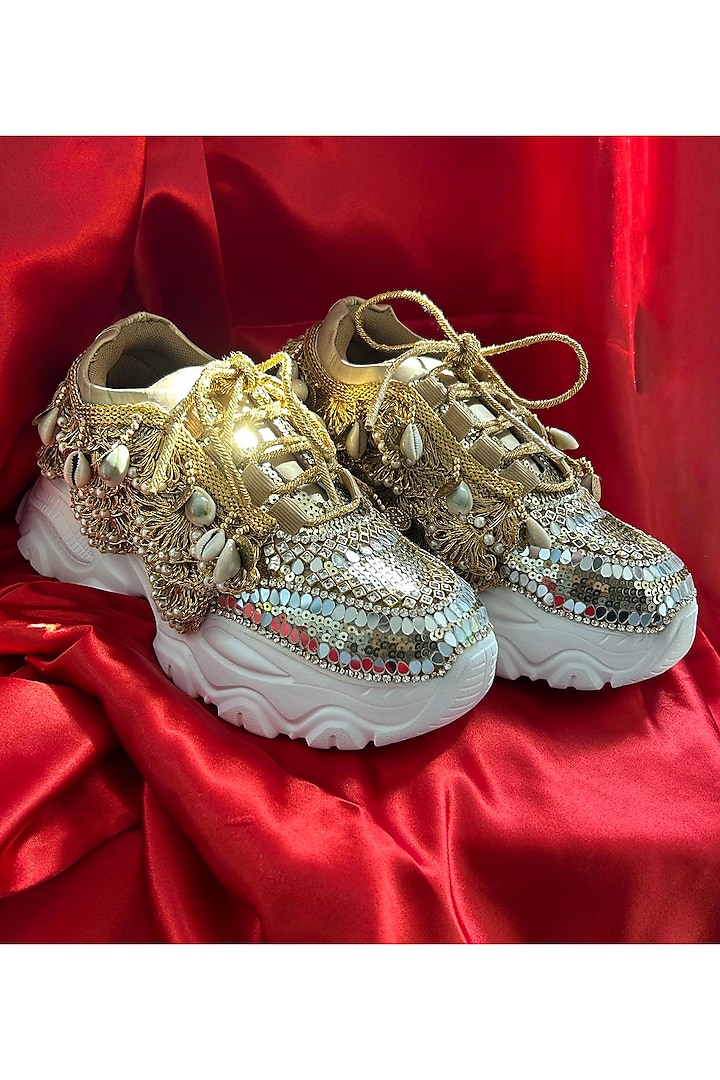 Gold Leather Coin Detailed Sneakers by Chal Jooti at Pernia's Pop Up Shop
