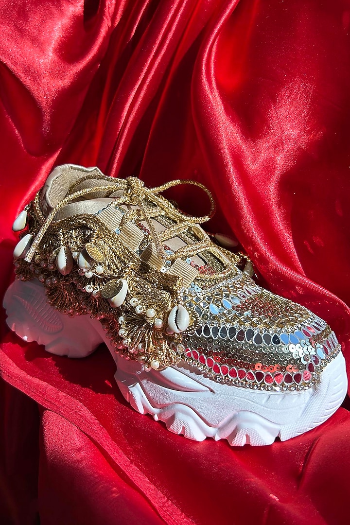 Gold Leather Coin Detailed Sneakers by Chal Jooti at Pernia's Pop Up Shop