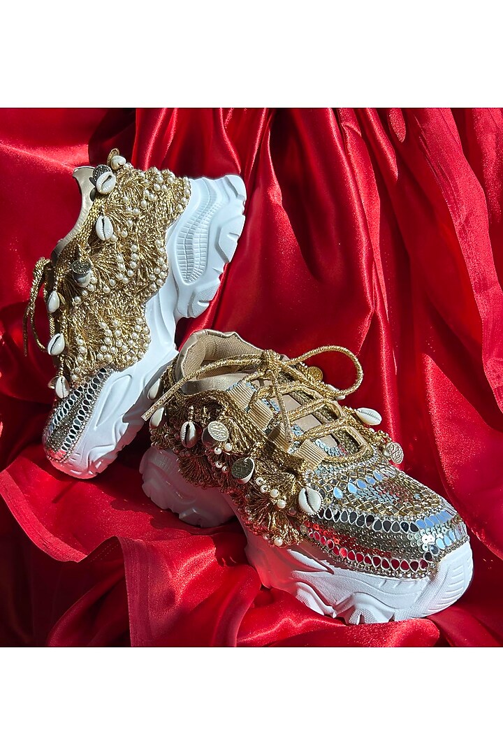 Gold Leather Coin Detailed Sneakers by Chal Jooti at Pernia's Pop Up Shop