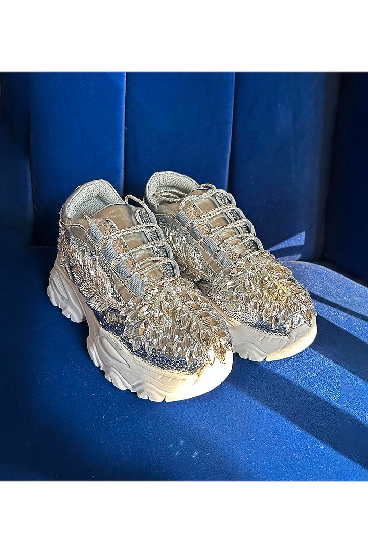 Silver Leather & Vegan Leather Leaf Motifs Embroidered Sneakers by Chal Jooti at Pernia's Pop Up Shop