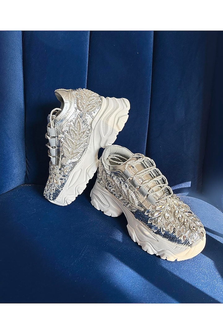 Silver Leather & Vegan Leather Leaf Motifs Embroidered Sneakers by Chal Jooti at Pernia's Pop Up Shop