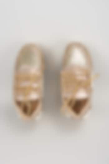 Gold Vegan Leather Sequins & Pearl Hand Embroidered Sneakers by Chal Jooti at Pernia's Pop Up Shop