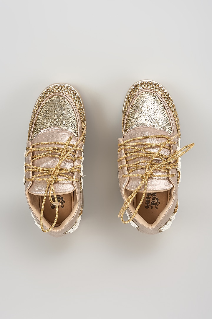 Gold Vegan Leather Sequins & Pearl Hand Embroidered Sneakers by Chal Jooti at Pernia's Pop Up Shop