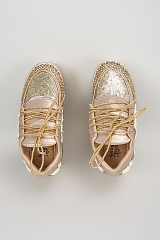 Gold Vegan Leather Sequins & Pearl Hand Embroidered Sneakers by Chal Jooti