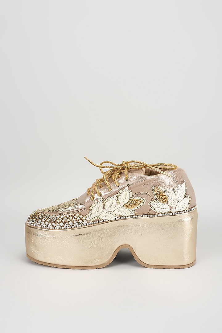 Gold Vegan Leather Sequins & Pearl Hand Embroidered Sneakers by Chal Jooti at Pernia's Pop Up Shop