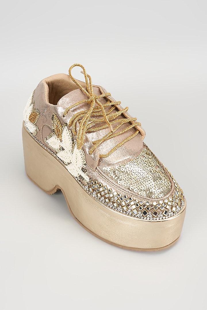 Gold Vegan Leather Sequins & Pearl Hand Embroidered Sneakers by Chal Jooti at Pernia's Pop Up Shop