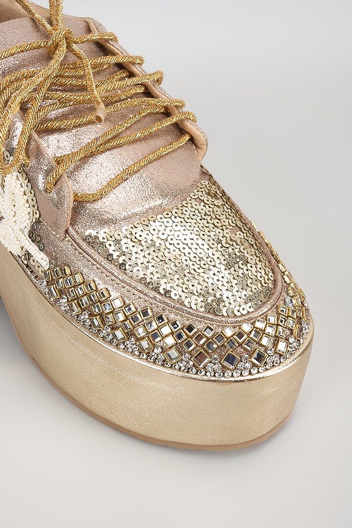 Gold Vegan Leather Sequins & Pearl Hand Embroidered Sneakers by Chal Jooti at Pernia's Pop Up Shop