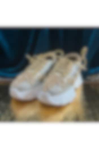 Silver Leather & Vegan Leather Leaf Motifs Embroidered Sneakers by Chal Jooti at Pernia's Pop Up Shop