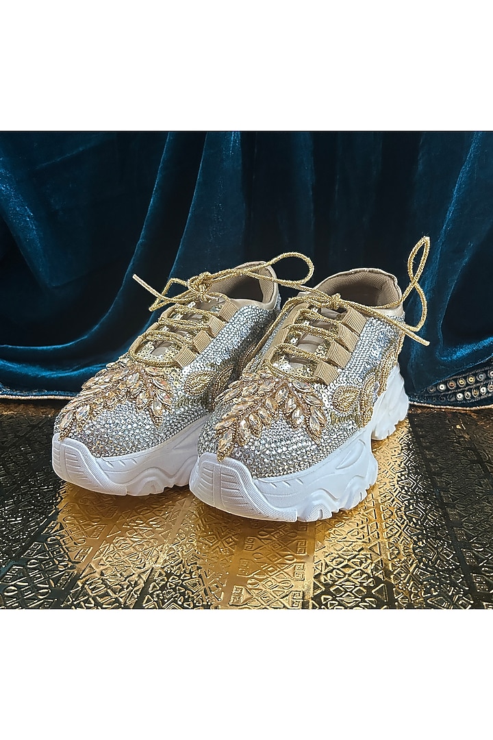 Silver Leather & Vegan Leather Leaf Motifs Embroidered Sneakers by Chal Jooti at Pernia's Pop Up Shop