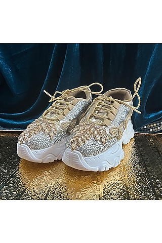 Silver Leather & Vegan Leather Leaf Motifs Embroidered Sneakers by Chal Jooti