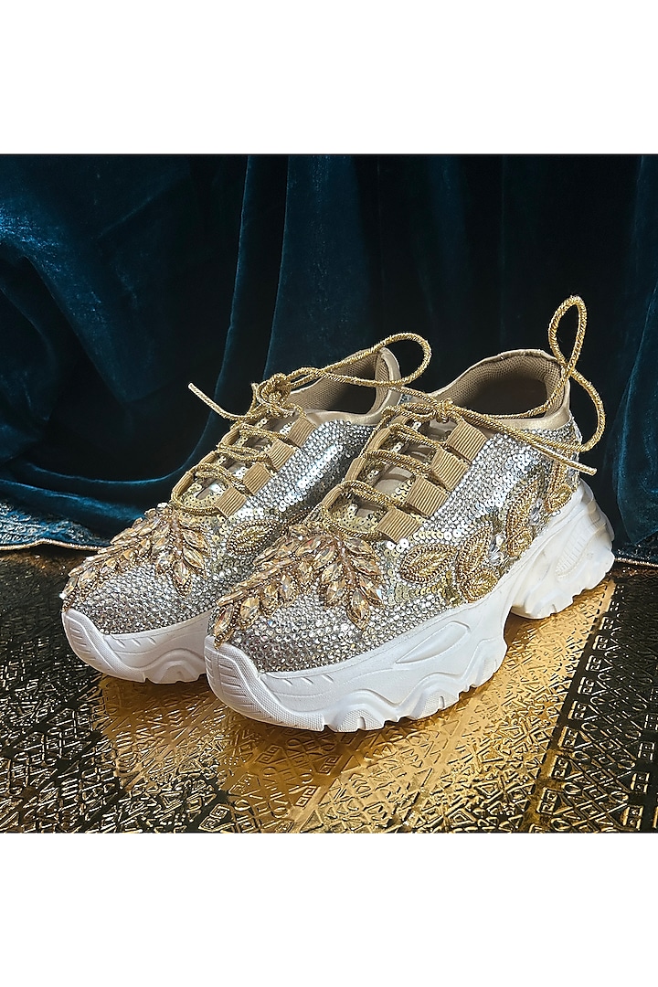 Silver Leather & Vegan Leather Leaf Motifs Embroidered Sneakers by Chal Jooti at Pernia's Pop Up Shop