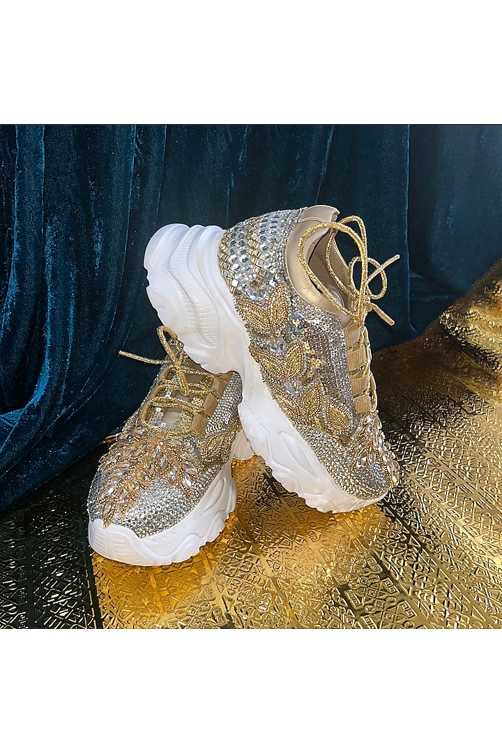 Silver Leather & Vegan Leather Leaf Motifs Embroidered Sneakers by Chal Jooti at Pernia's Pop Up Shop