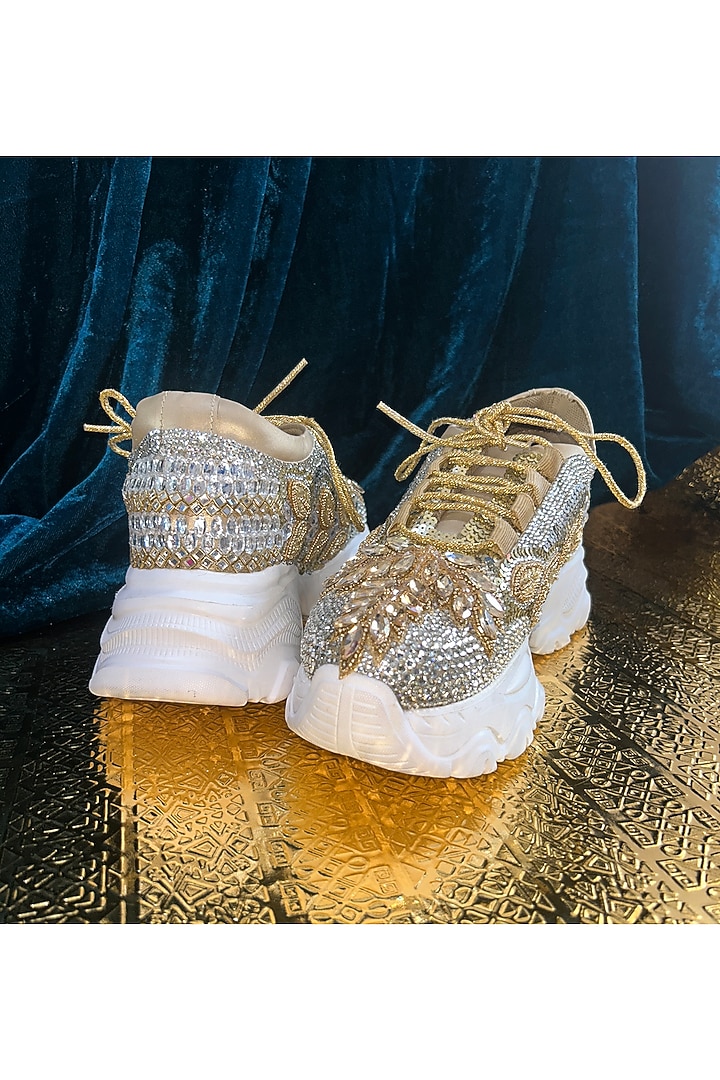 Silver Leather & Vegan Leather Leaf Motifs Embroidered Sneakers by Chal Jooti at Pernia's Pop Up Shop