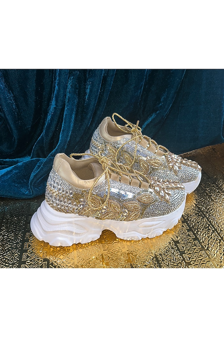 Silver Leather & Vegan Leather Leaf Motifs Embroidered Sneakers by Chal Jooti at Pernia's Pop Up Shop