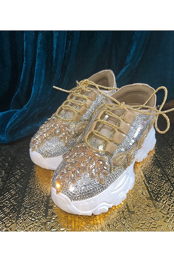 Silver Leather & Vegan Leather Leaf Motifs Embroidered Sneakers by Chal Jooti at Pernia's Pop Up Shop