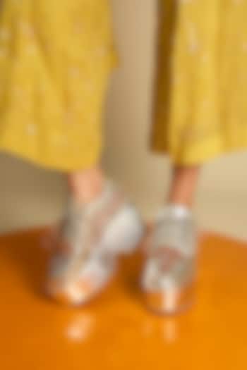 Silver Vegan Leather Hand Embellished Sneakers by Chal Jooti at Pernia's Pop Up Shop