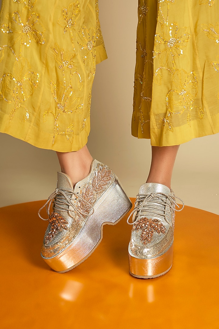 Silver Vegan Leather Hand Embellished Sneakers by Chal Jooti at Pernia's Pop Up Shop