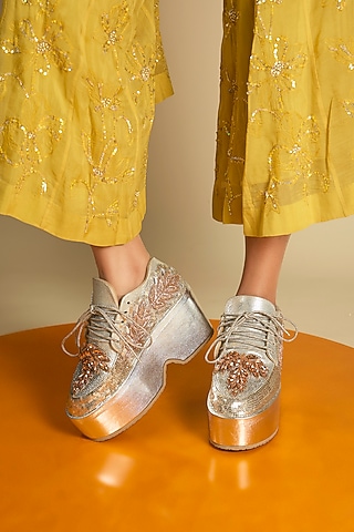 Silver Vegan Leather Hand Embellished Sneakers by Chal Jooti