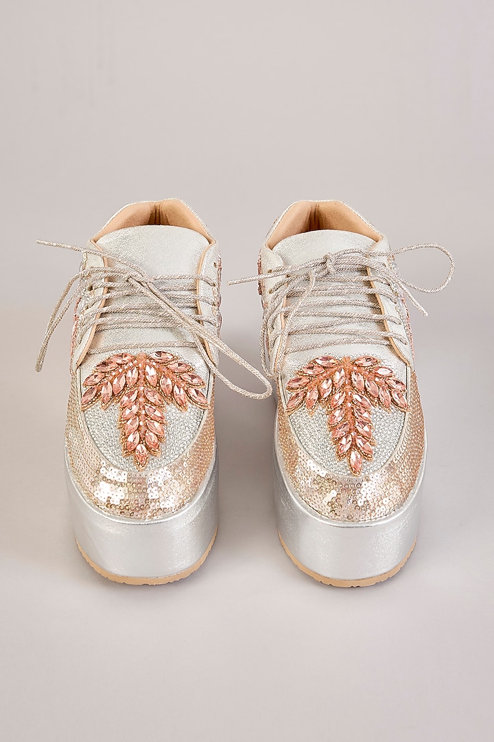 Silver Vegan Leather Hand Embellished Sneakers by Chal Jooti at Pernia's Pop Up Shop