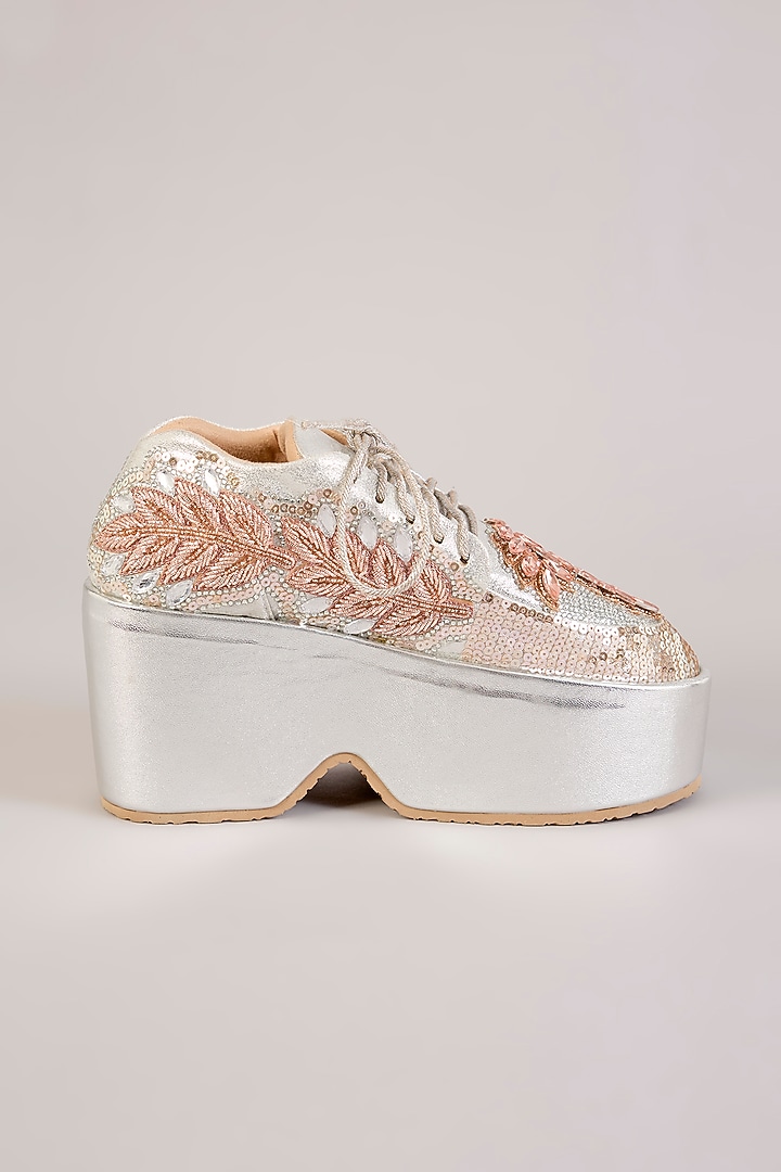 Silver Vegan Leather Hand Embellished Sneakers by Chal Jooti at Pernia's Pop Up Shop