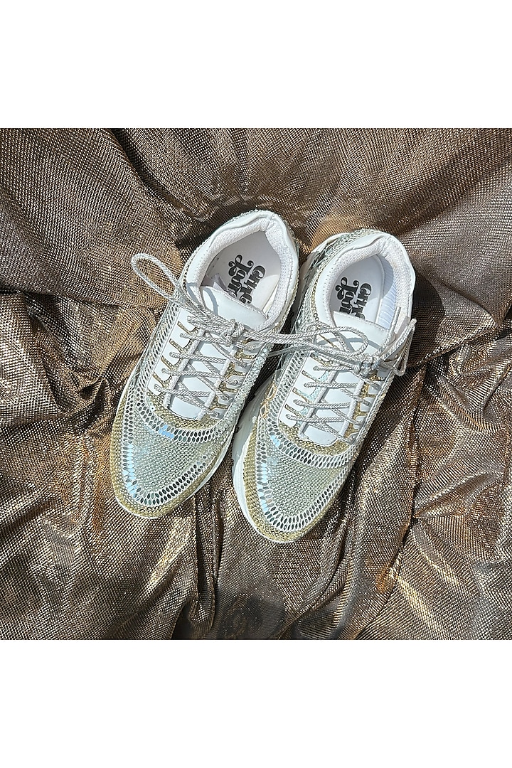 Silver Vegan Leather Sequins Embellished Sneakers by Chal Jooti at Pernia's Pop Up Shop