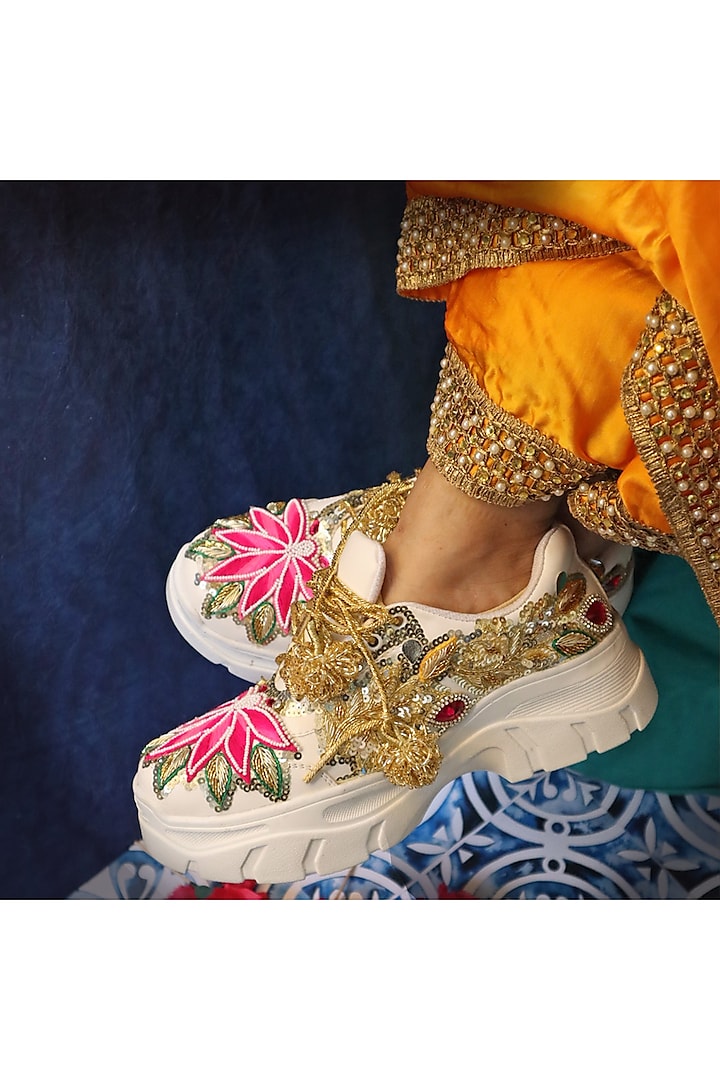 Multi-Colored Vegan Leather Zardosi & Sequins Embellished Sneakers by Chal Jooti