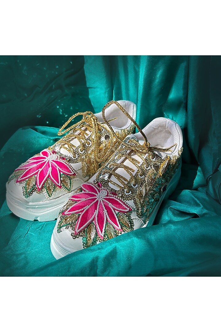 Multi-Colored Vegan Leather Zardosi & Sequins Embellished Sneakers by Chal Jooti at Pernia's Pop Up Shop