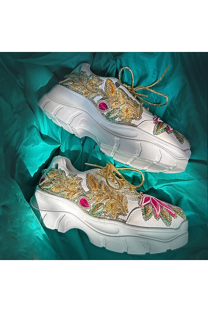 Multi-Colored Vegan Leather Zardosi & Sequins Embellished Sneakers by Chal Jooti at Pernia's Pop Up Shop