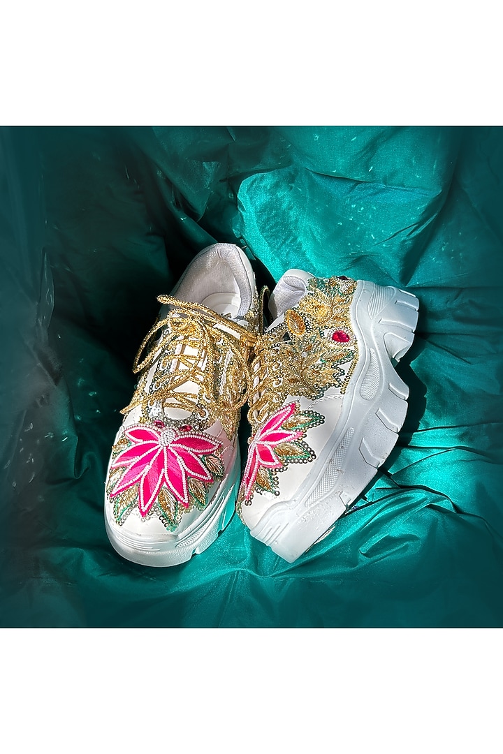 Multi-Colored Vegan Leather Zardosi & Sequins Embellished Sneakers by Chal Jooti at Pernia's Pop Up Shop