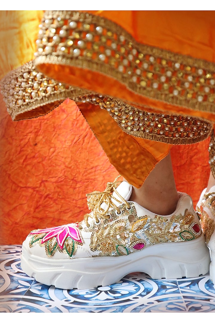 Multi-Colored Vegan Leather Zardosi & Sequins Embellished Sneakers by Chal Jooti at Pernia's Pop Up Shop