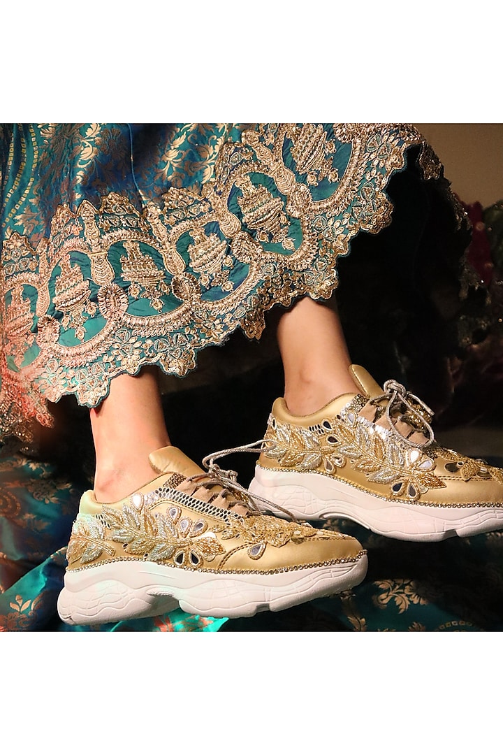 Gold Vegan Leather Leaf Embroidered Sneakers by Chal Jooti at Pernia's Pop Up Shop