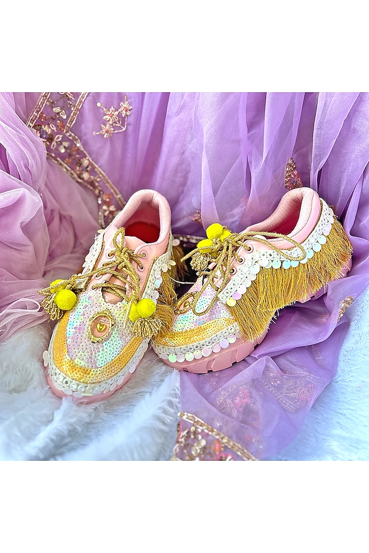 Pink Vegan Leather Fringe & Sequins Work Sneakers by Chal Jooti at Pernia's Pop Up Shop