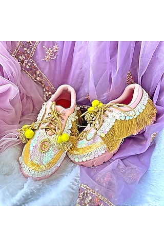 Pink Vegan Leather Fringe & Sequins Work Sneakers by Chal Jooti