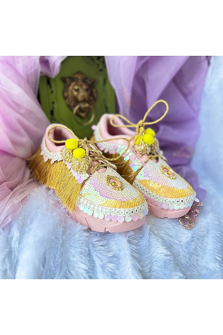 Pink Vegan Leather Fringe & Sequins Work Sneakers by Chal Jooti at Pernia's Pop Up Shop