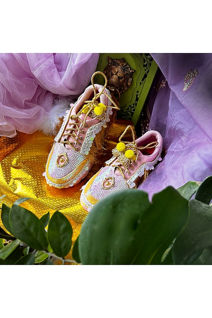 Pink Vegan Leather Fringe & Sequins Work Sneakers by Chal Jooti at Pernia's Pop Up Shop